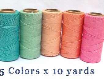 Macrame Cord - Waxed Polyester Thread - Bracelet Cord - Set of 5 Colors - 10 yards each - CANDY