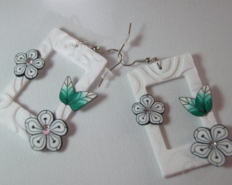 White Spring Earrings, White Rectangle Earrings, Fashion Earrings, Dangle Earrings, Artistic Earrings, Flower Earrings