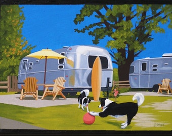 Mid Century Modern Eames Retro Limited Edition Print from Original Painting Airstream Border Collies