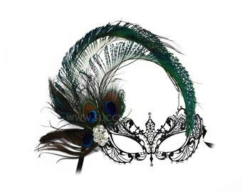 Corrine Peacock Feather Black Laser Cut Women's Masquerade Mask - A-2215B-R
