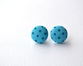 Blue Polka Dot Fabric Button Earrings