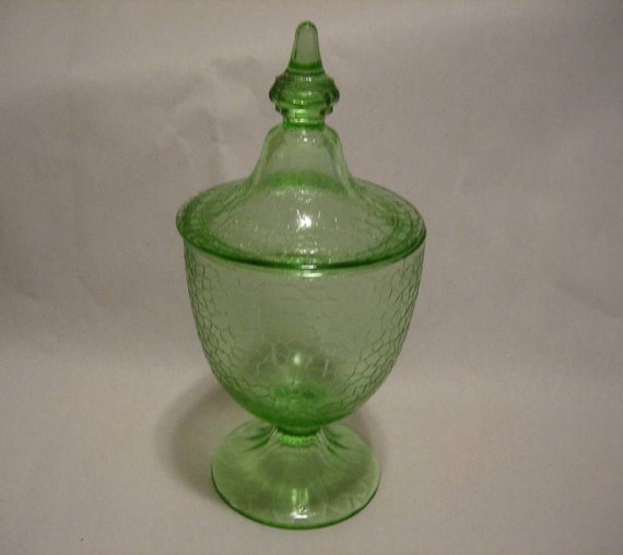 L E Smith Green Depression Glass Crackle Footed Candy Jar 1411