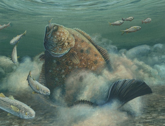 Fluke Attack fine art print painting of a summer flounder