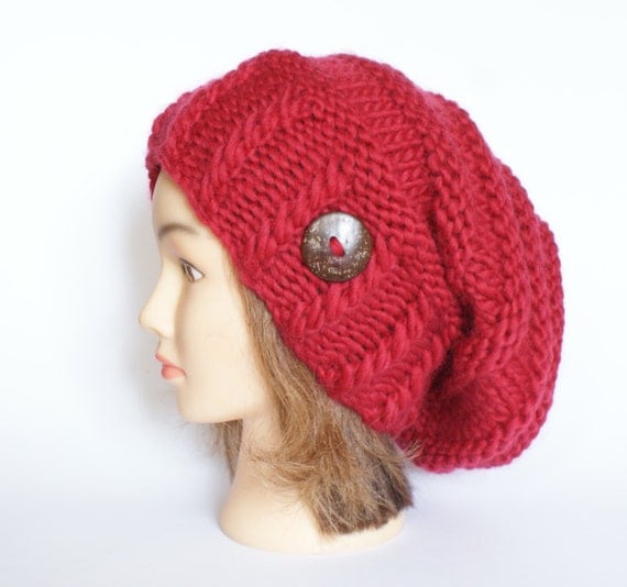 Slouchy beanie hat Red wool slouch hats chunky knit by Johannahats