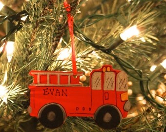 FIRE TRUCK Ornament, Red. Hand Personalized, Painted Wood. Christmas Ornament. Children's Ornament. Gift Topper. Gift Tag. Keepsake.