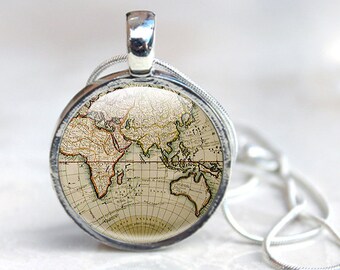 World Map Necklace globe necklace, world map pendant, old map pendant, jewellery, old world jewelry, vintage brown (WMP1-1)