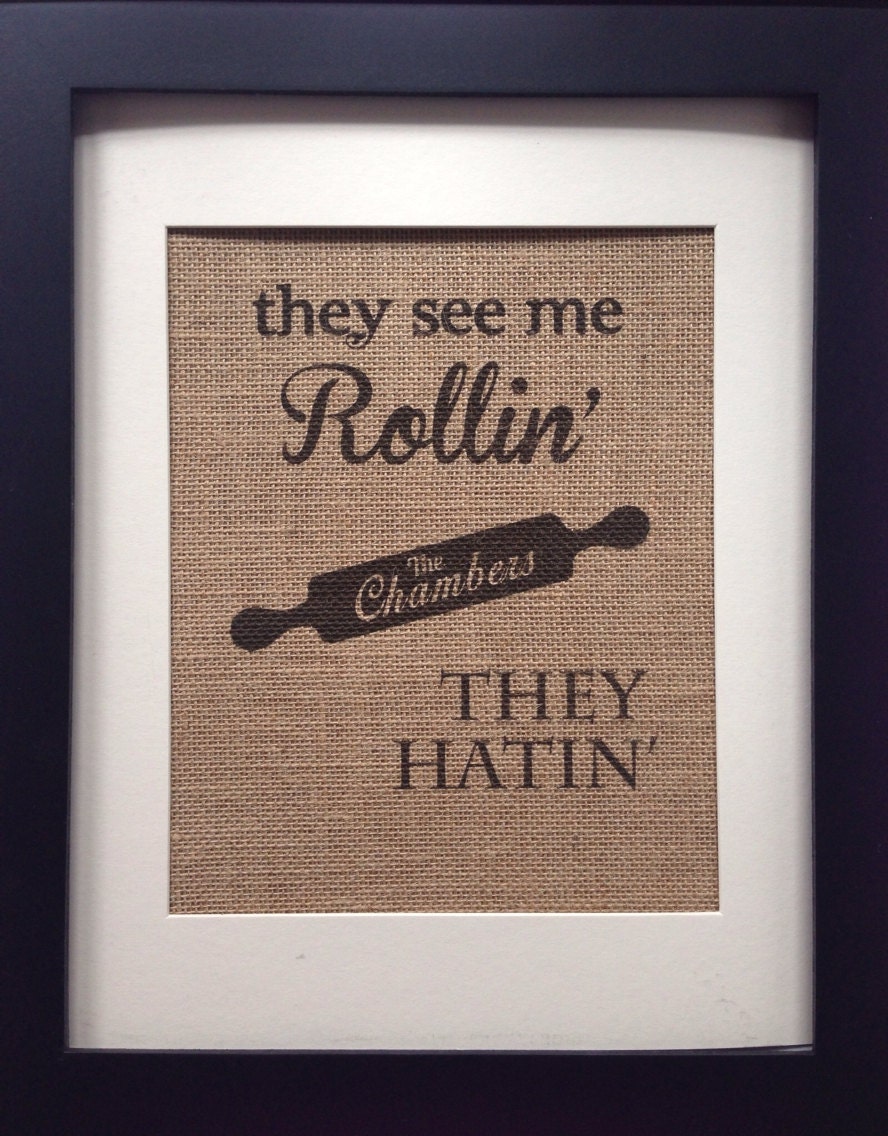 Personalized Kitchen rolling pin quote on burlap picture. They