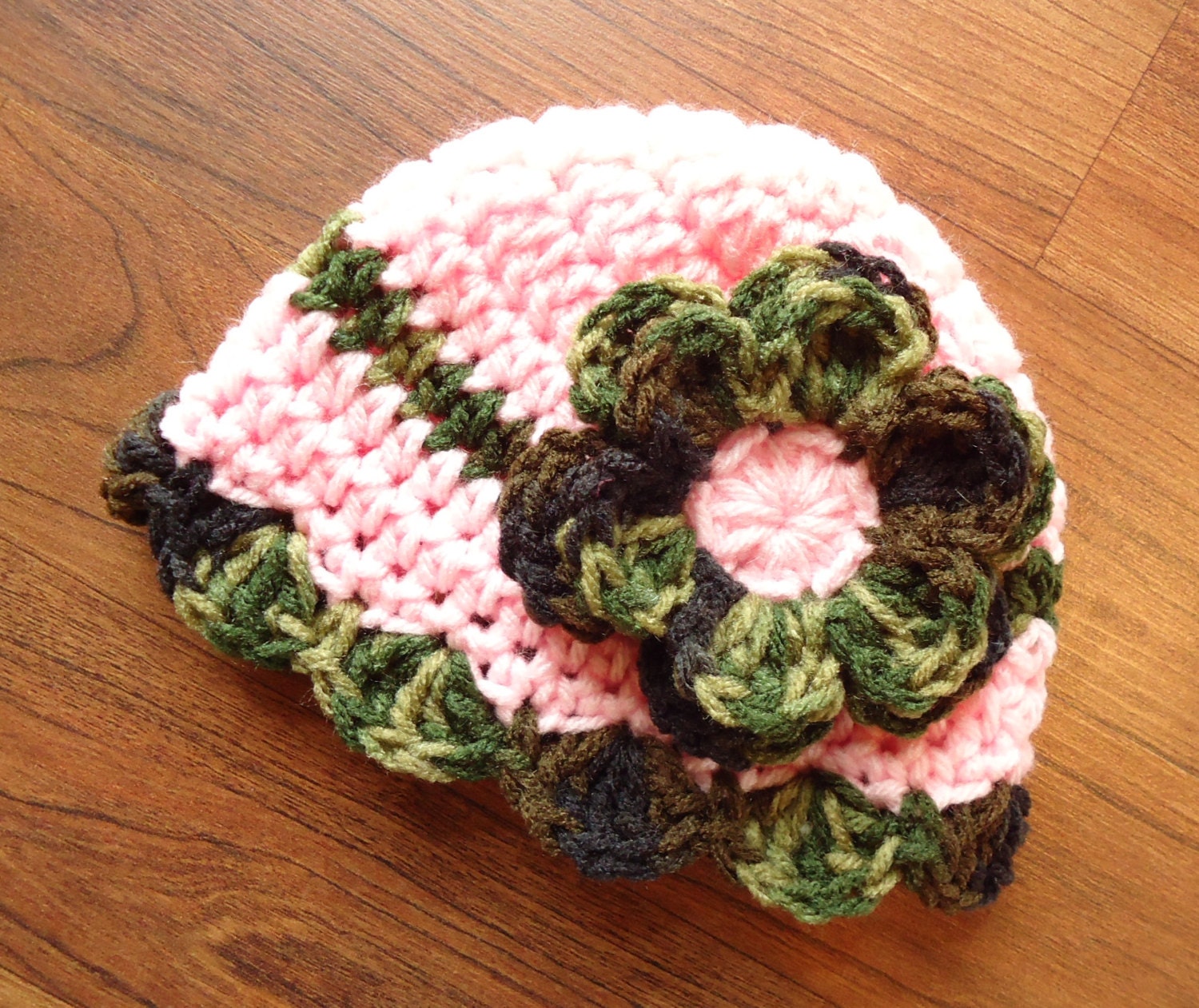 Crocheted Baby Girl Light Pink and Camo Hat by KaraAndMollysKids