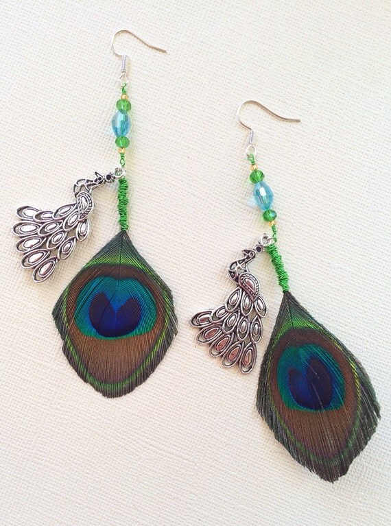 Peacock & Feather Earrings by PennyJules on Etsy