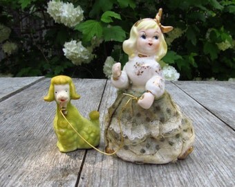 Vintage Ceramic Girl with Poodle on a Leash - Leashed Figurines