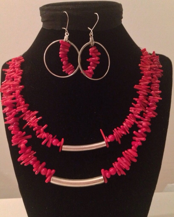 Items similar to Red coral necklace and earring set on Etsy
