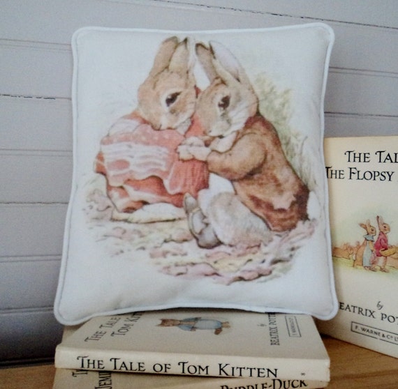 Cotton Decorative Pillow Beatrix Potter Peter Rabbit Benjamin Flopsy Bunny Baby Room Easter Spring Decor