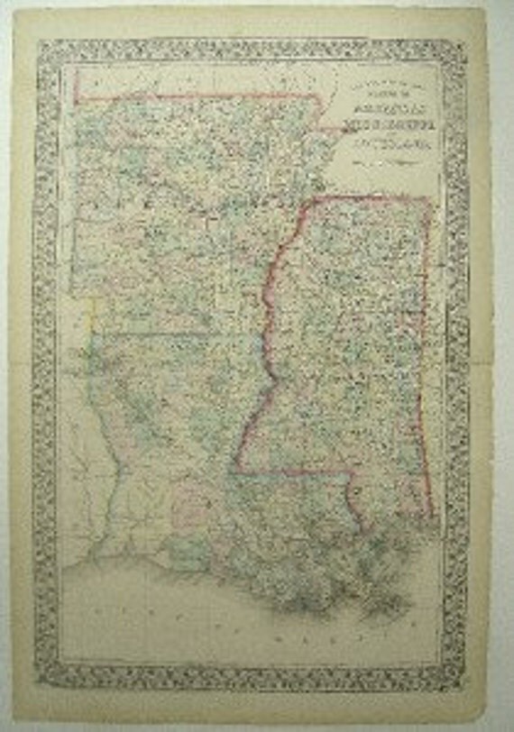 15 x 23" Large 1871 Mitchell Map Arkansas AR Mississippi MI Louisiana LA Pl #39
