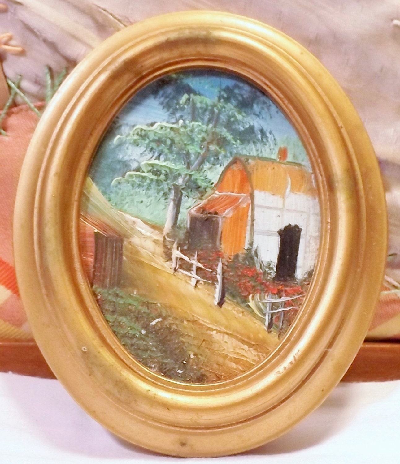 Vintage Oil Painting in Oval Frame Miniature by OldeBerry on Etsy