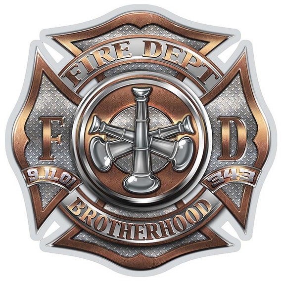 Fire Dept Brotherhood Maltese Cross 3 Bugles 2 Inch Decal