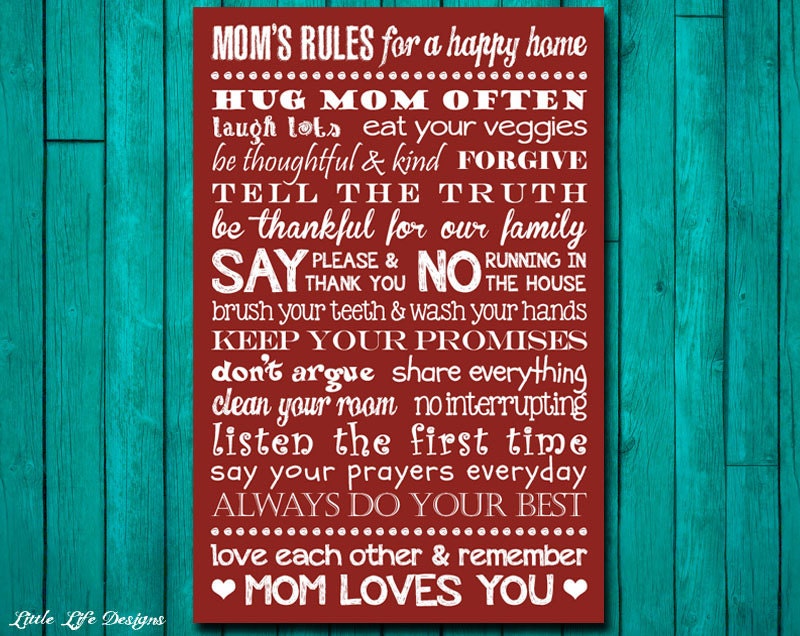 Mom's Rules for a Happy Home Sign. Family Rules Sign.