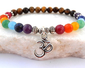 Chakra Om bracelet , 7 Chakra bracelet, Tiger's Eye bracelet, Om bracelet, Yoga bracelet, Meditation bracelet