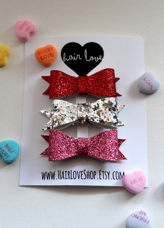 Mini Valentines Hair Bows // Set of 3 Glitter Hair Bows on Mini Snap Clips // Red, Silver, and Pink Sparkle Hairbows // Toddler, Baby, Girls