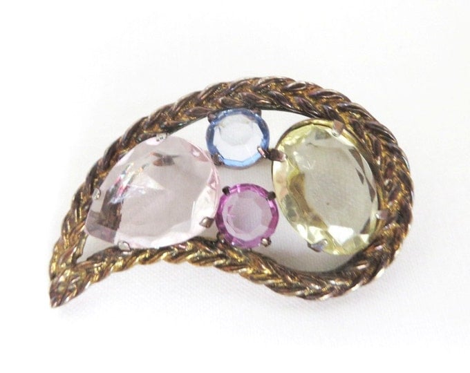 Pastel Teardrop Brooch, Vintage Blue Pink Purple Yellow Glass, Braided Gold Tone Pin