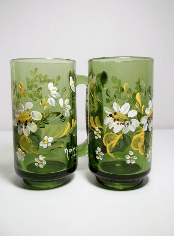 Green Glass Mugs Hand Painted Scandinavian Design Folk