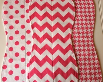Baby Burp Cloths - Baby Burp Rags - Boutique Quality - Set of three - Chevron, Houndstooth, Polka Dots
