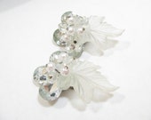 Statement Vintage Earrings - Costume Pearl, Aurora Borealis Bead Cluster w Frosted Hard Plastic Leaf - Fun & Unique!