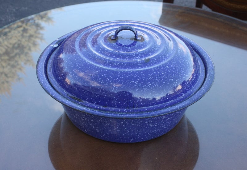 Vintage Enamelware Covered Blue Speckled Baking Pan Haute Juice