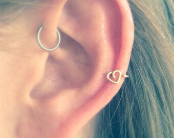 Set of 3 Heart cartilage earrings in silver, gold and rose gold in 22 or 20 gauge wire