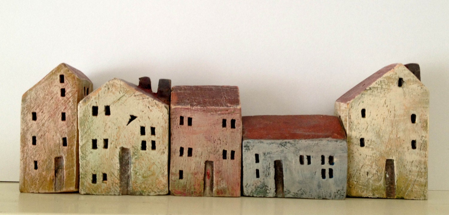 set of 5 ceramic houses in a row made in high fired