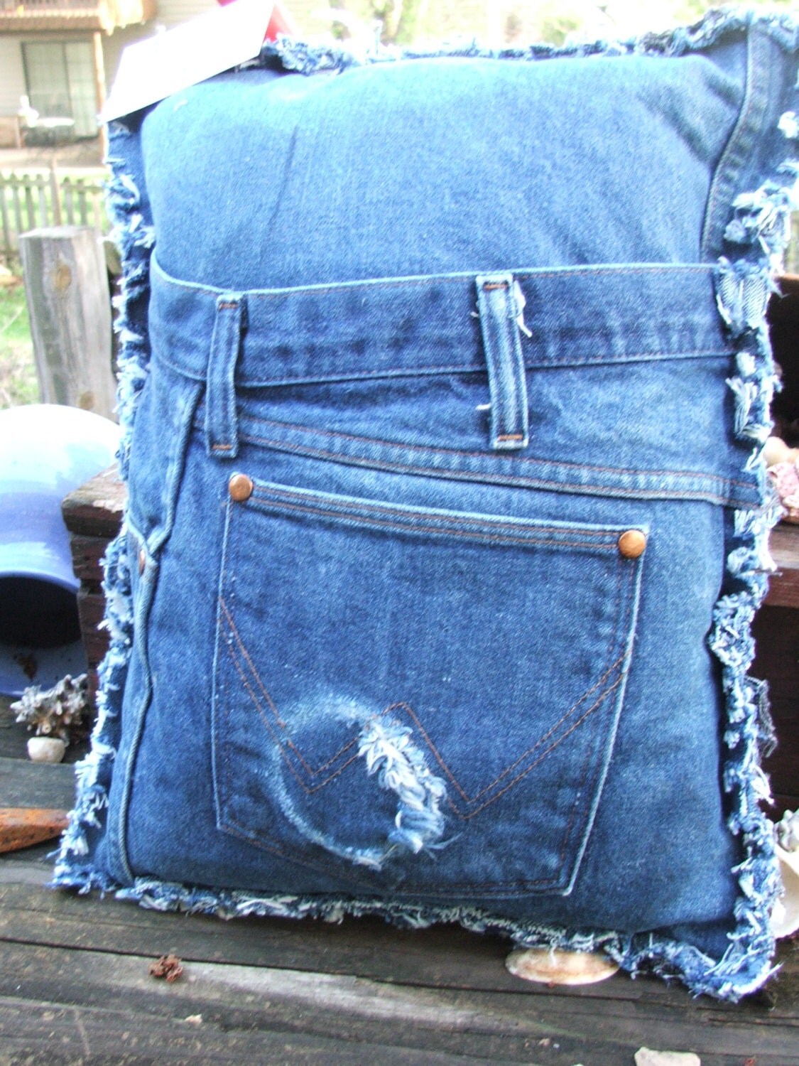 Rectangle denim pillow sham made from waistbands of old