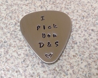 Guitar pick hand stamped stainless steel. I pick you with initials and small heart