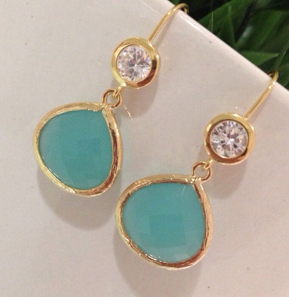 Mint Opal Drop Earrings / Mint Gold & CZ by JewelsandJules on Etsy