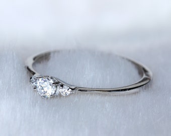 Petite, Natural white sapphire Trilogy ring in white gold or titanium - engagement ring - wedding ring
