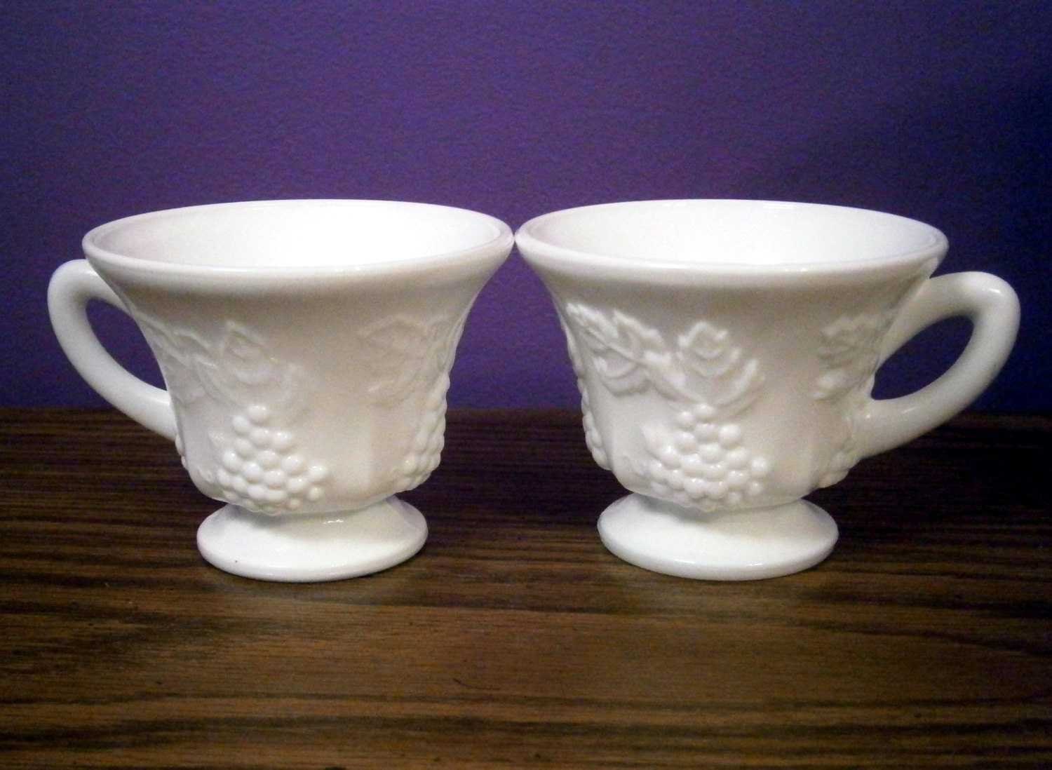 Download Pair Grapevine White Milk Glass Footed Tea Coffee Cups Vintage