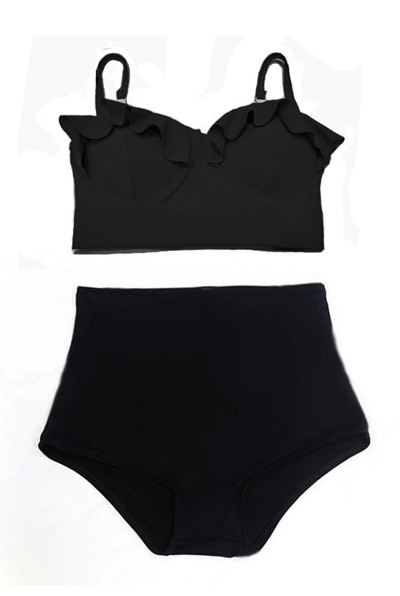 Black Midkini Padded Top and Highwaisted High Waisted Waist