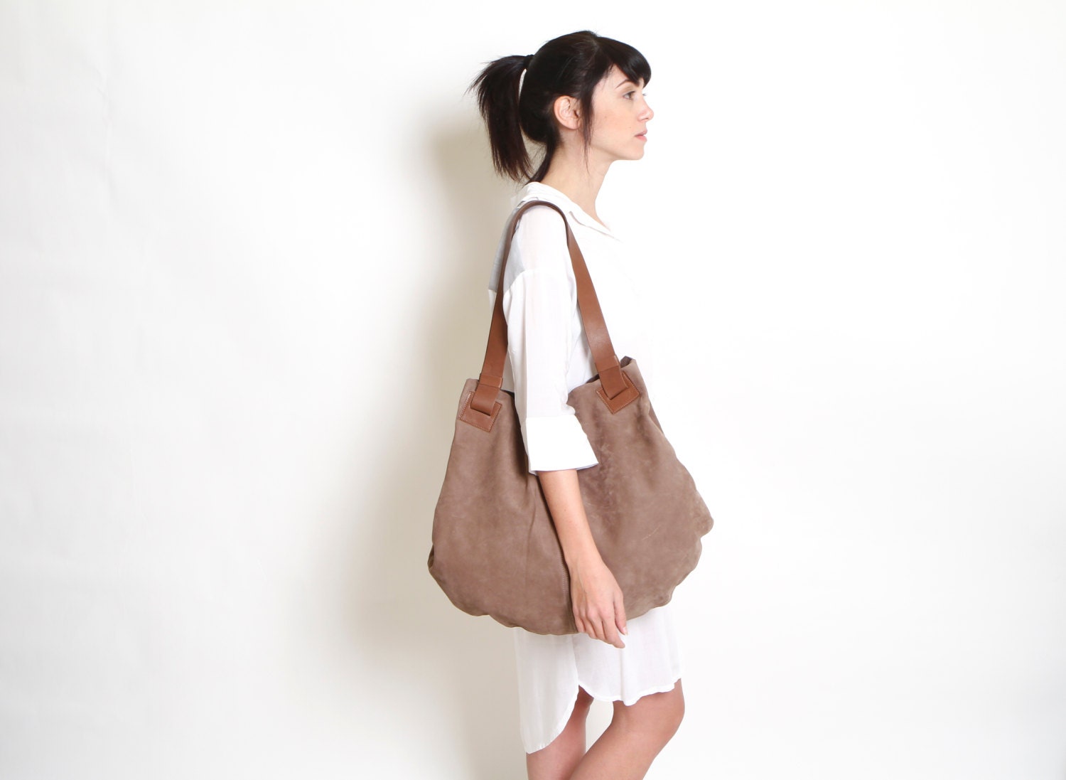 Taupe leather bag Soft Leather Bag Tote Bag by LadyBirdesign