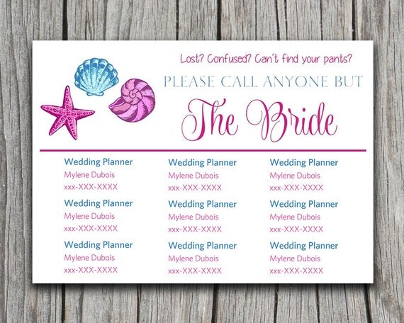 Seashell Please Call Anyone But The Bride Fuchsia Turquoise Microsoft Word Wedding Insert Call Anyone But The Free Template