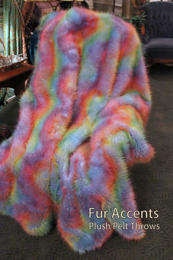 FUR ACCETNS Faux Fur Throw Blanket / Rainbow