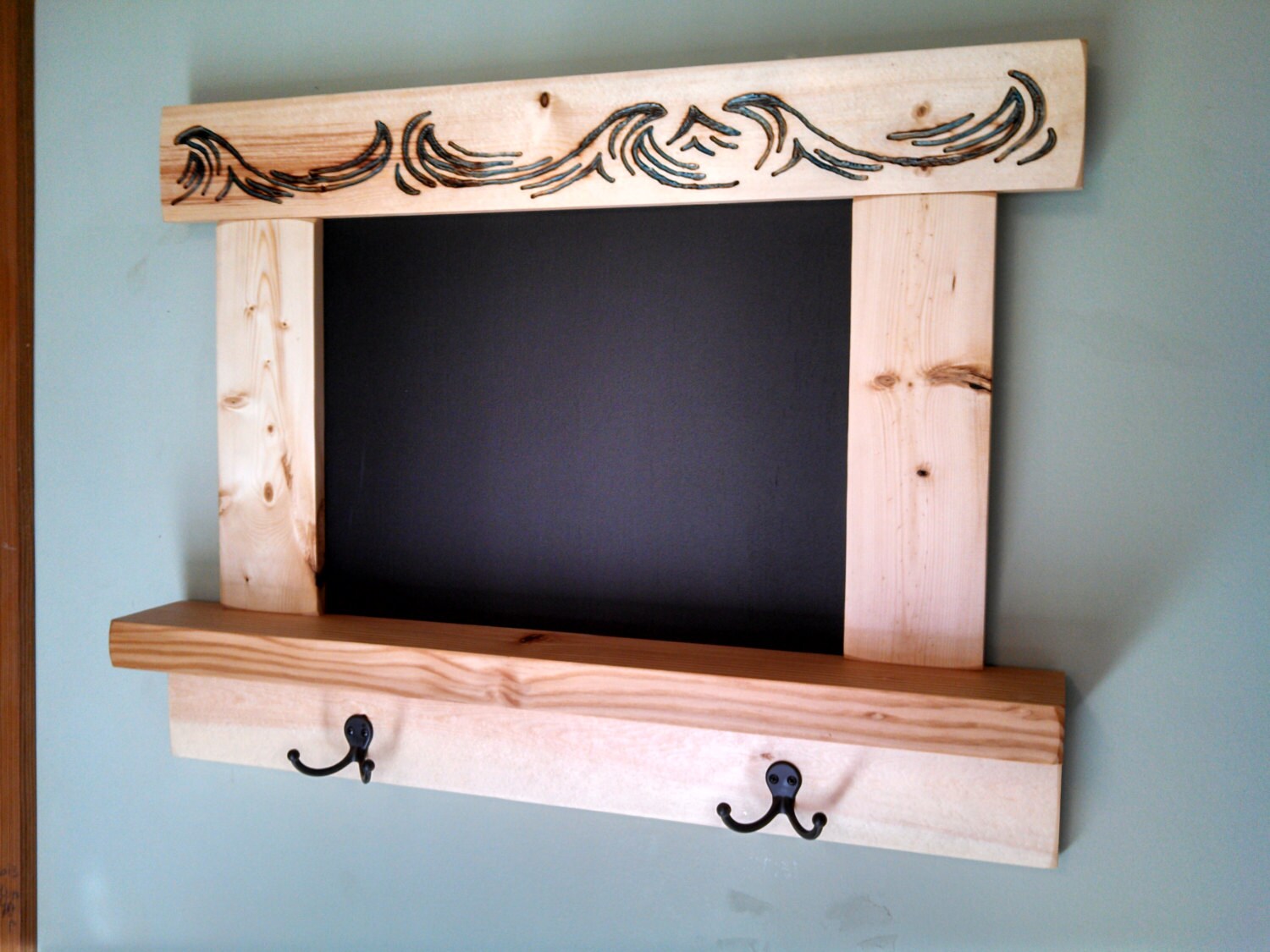 Chalkboard Shelf Coat Rack Wood Pyrography Blue Waves Carved
