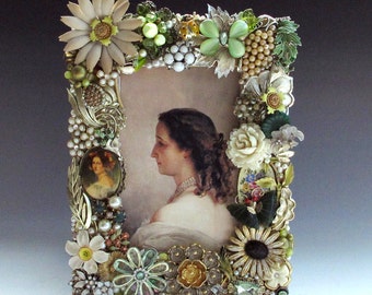 Green Cream Floral Picture Frame Handcrafted of Vintage Jewelry
