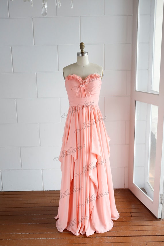 Items similar to Peach Pink Chiffon Long ridesmaid Dress/Prom Dress ...