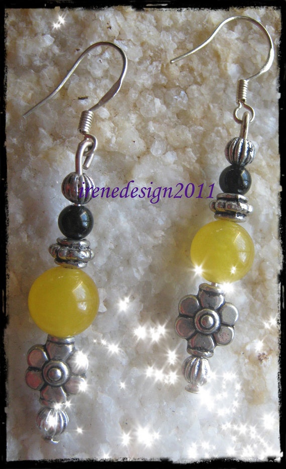 Beautiful Silver Hook Earrings with Yellow Jade, Black Onyx & Flower by IreneDesign2011