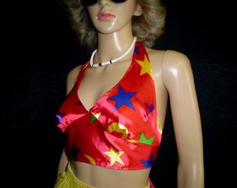 70s S M Satin Halter Top Red Stars WeirdoWear