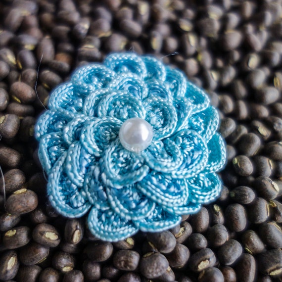 Small Layered Blue Woven Ribbon Flowers with Pearl Centers from
