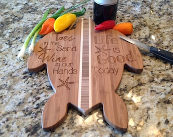 Sea Turtle Cutting Board, Toes in the Sand, Engraved 14-5/8" x 10" Bamboo, beach decor, wedding gift