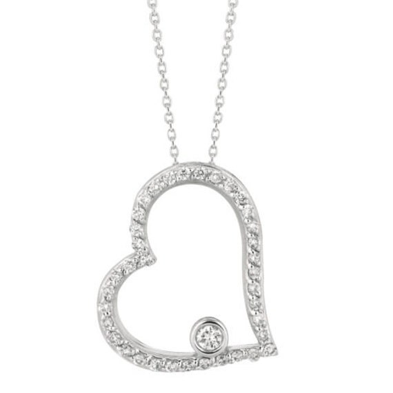 Open Heart Bezel Diamond Pendant Necklace 0.34 Ct 14K White Gold 18