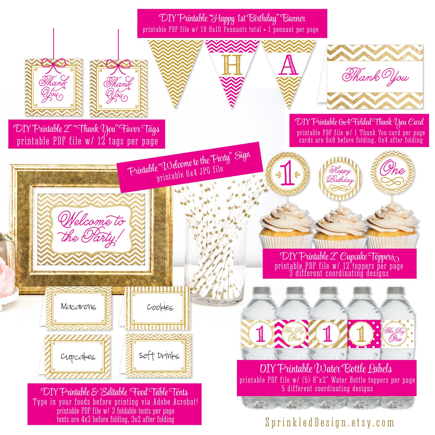 PRINTABLE First Birthday Party Pack 1st Bday Girl Gold