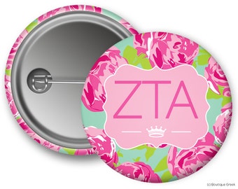 ZTA Zeta Tau Alpha Floral Sorority Greek Button