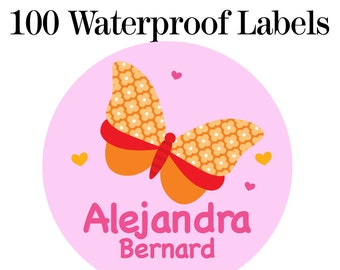 100ct Waterproof Name Labels - Baby Bottle Labels - Kids Name Tag Labels, Butterfly 1" Round