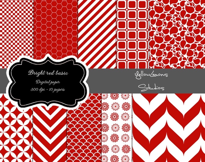 Red digital paper: "RED PATTERNS" red paper with chevron, stripes, flowers, checkerboard, honeycomb, quatrefoil, christmas background